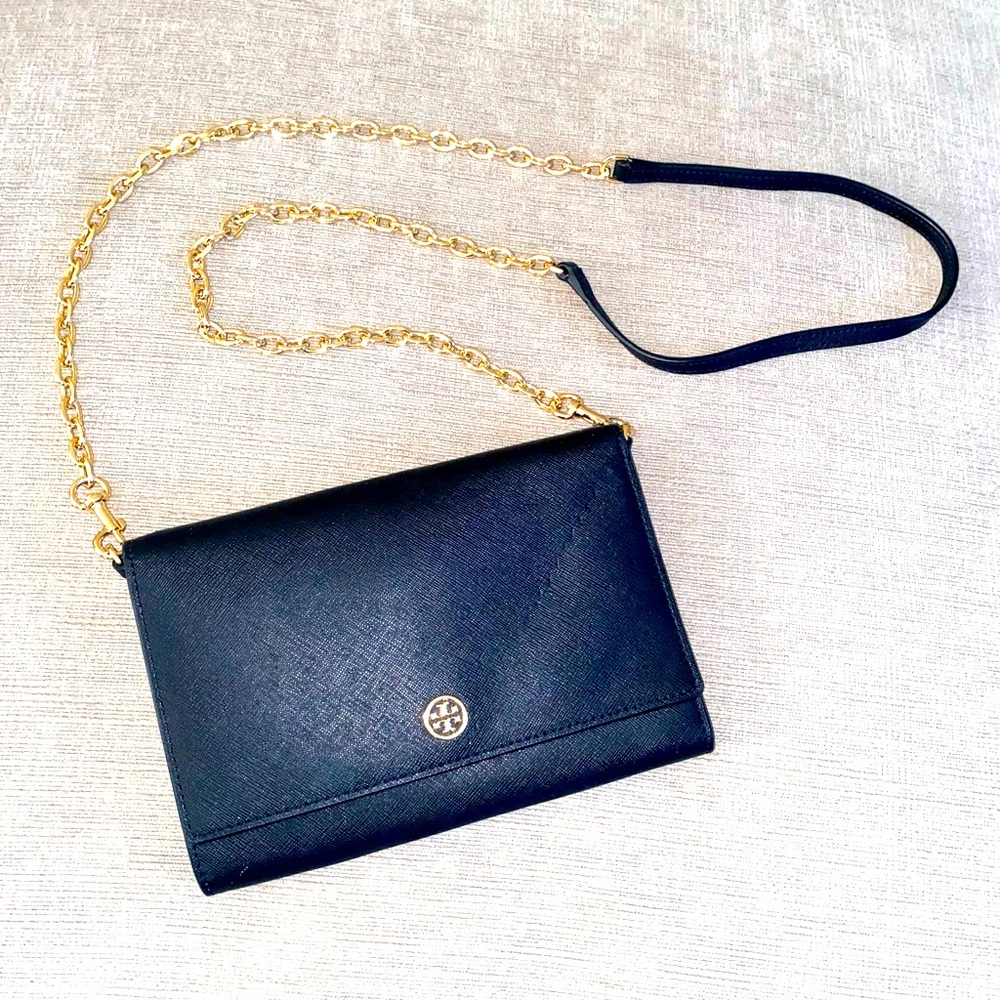 Tory Burch Navy Crossbody Leather Wallet Purse with Chain - Like New